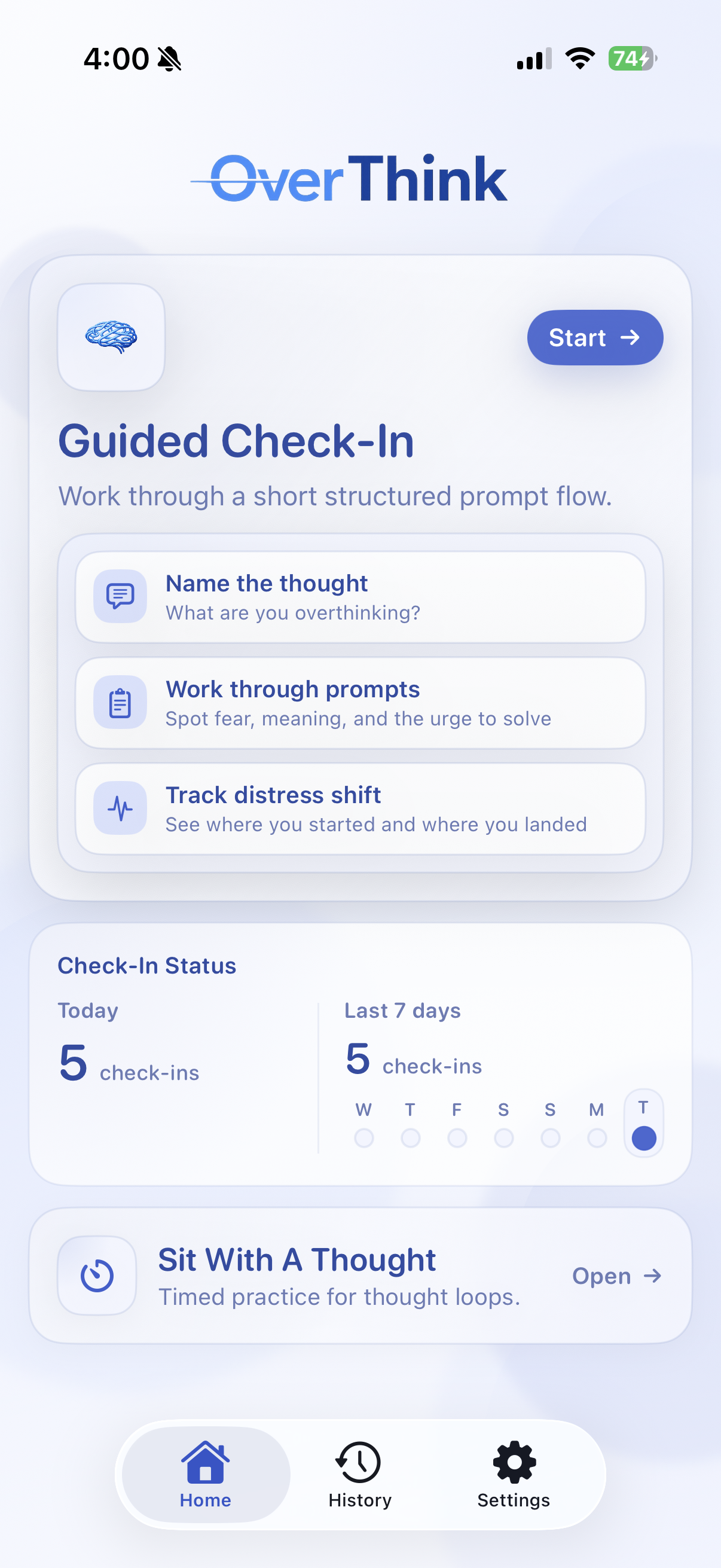 OverThink light mode home screen with Guided Check-In, Check-In Status, and Sit With A Thought.
